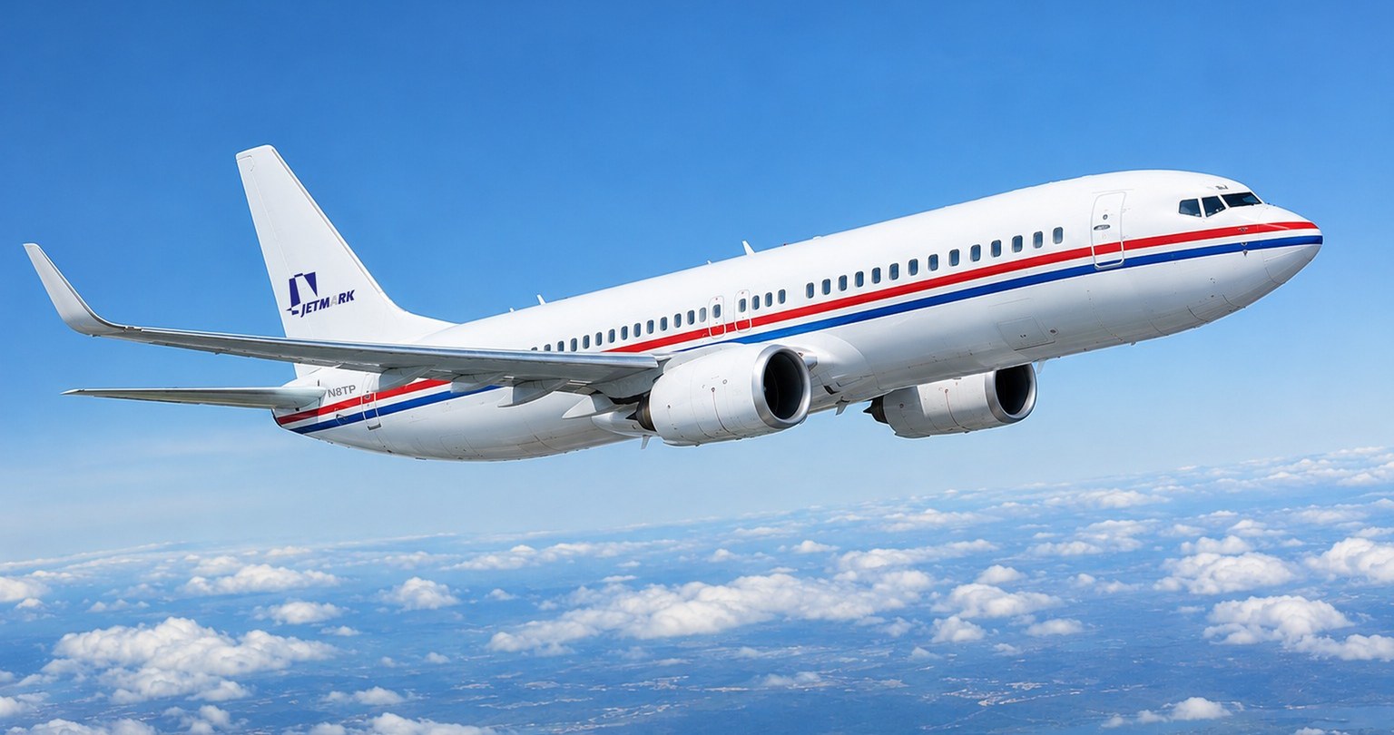 Twin-engine airliner in flight above the clouds